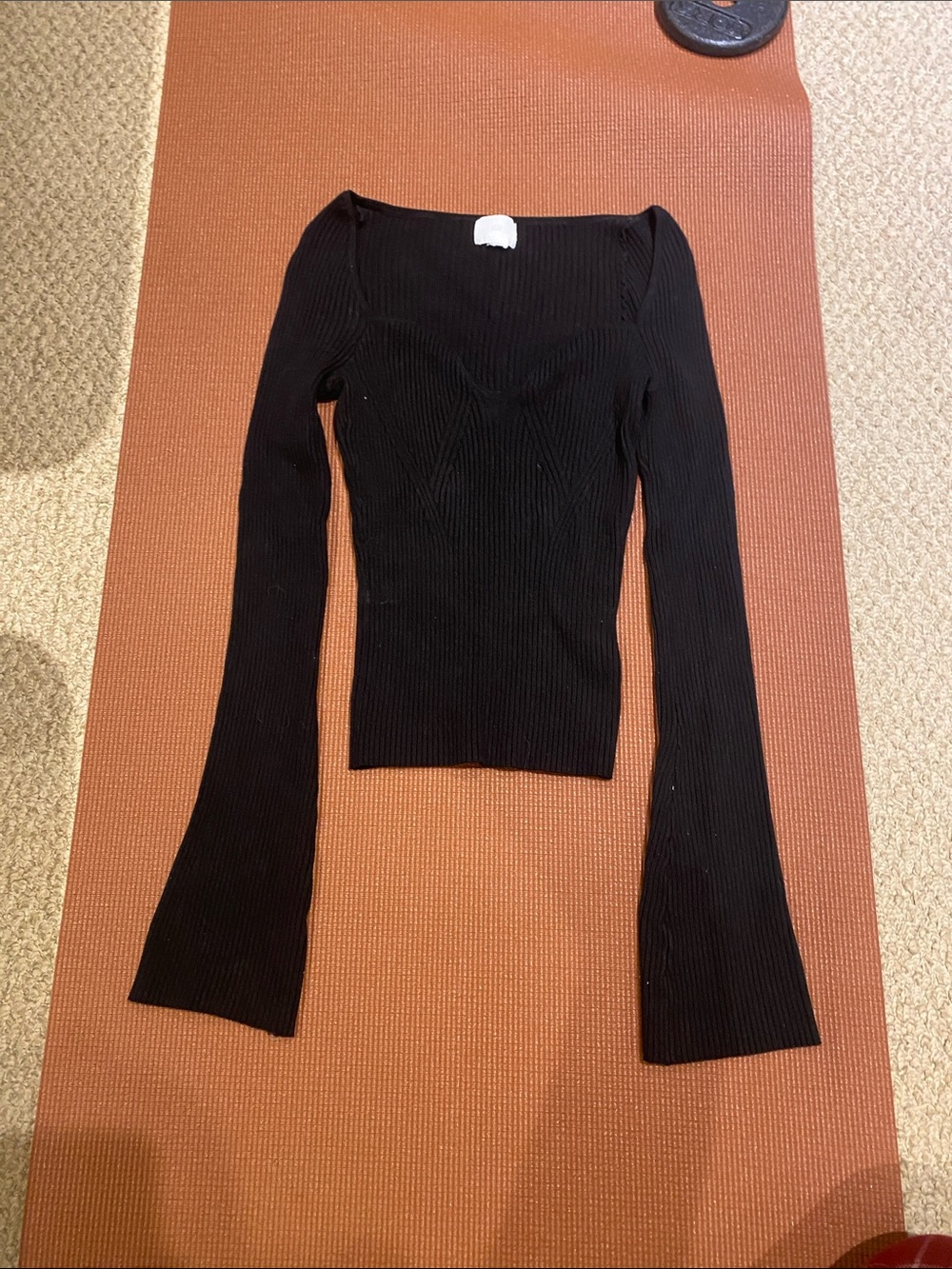H&M Women's Black Ribbed Long-Sleeve Square Neck Top